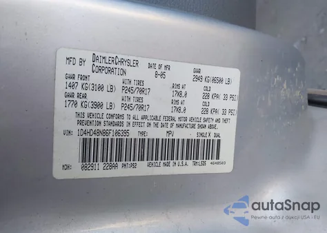 2006 Dodge Durango Slt from USA, damaged, VIN 1D4HD48N86F106395